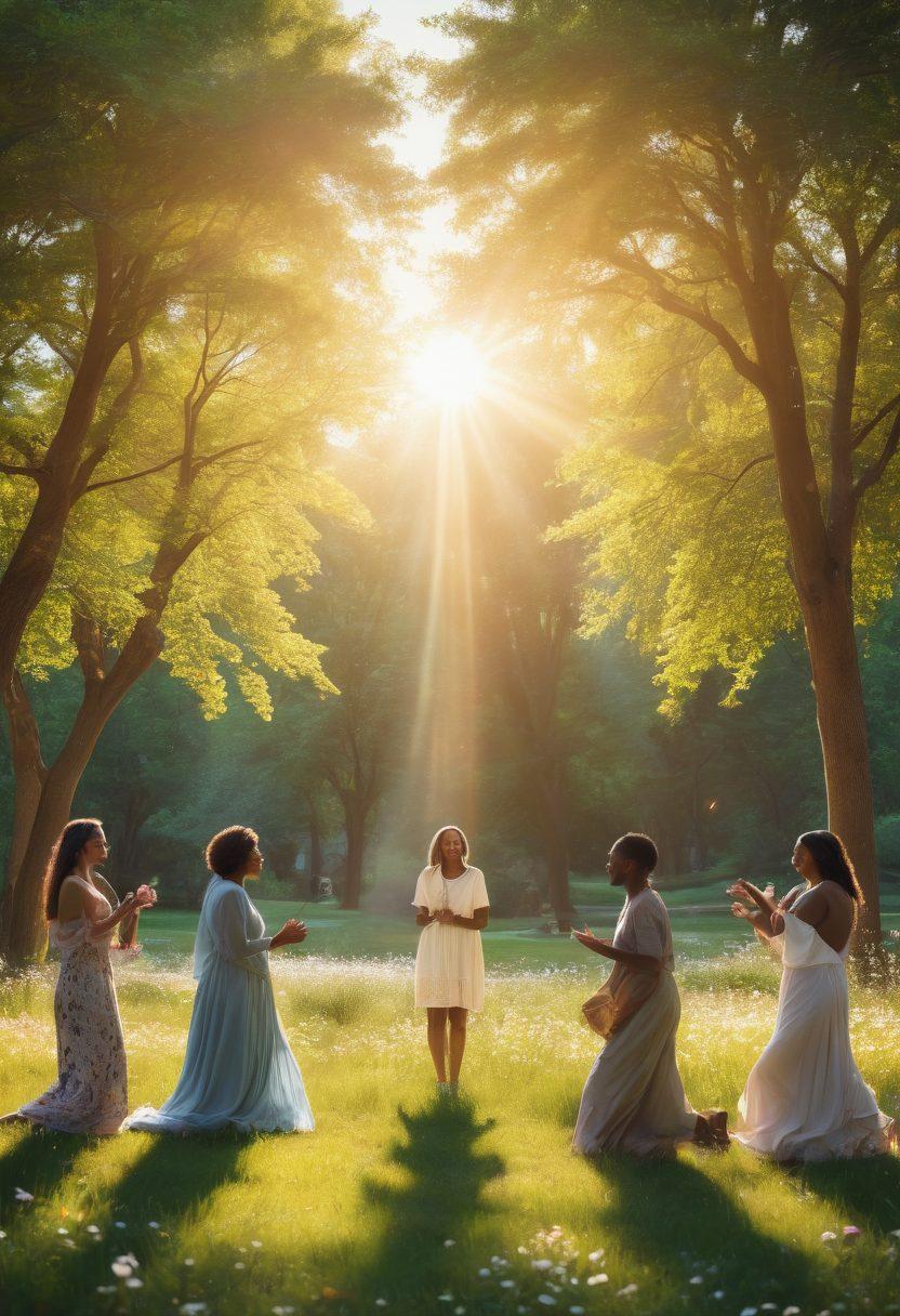 A serene gathering of diverse individuals in a sunlit park, sharing joyful laughter and engaging in deep conversations, with a subtle golden light symbolizing hope radiating from a cross in the background. Incorporate elements of nature, like blooming flowers and lush trees, to emphasize unity and growth. The scene should portray warmth, inclusiveness, and spiritual connection. vibrant colors. super-realistic.