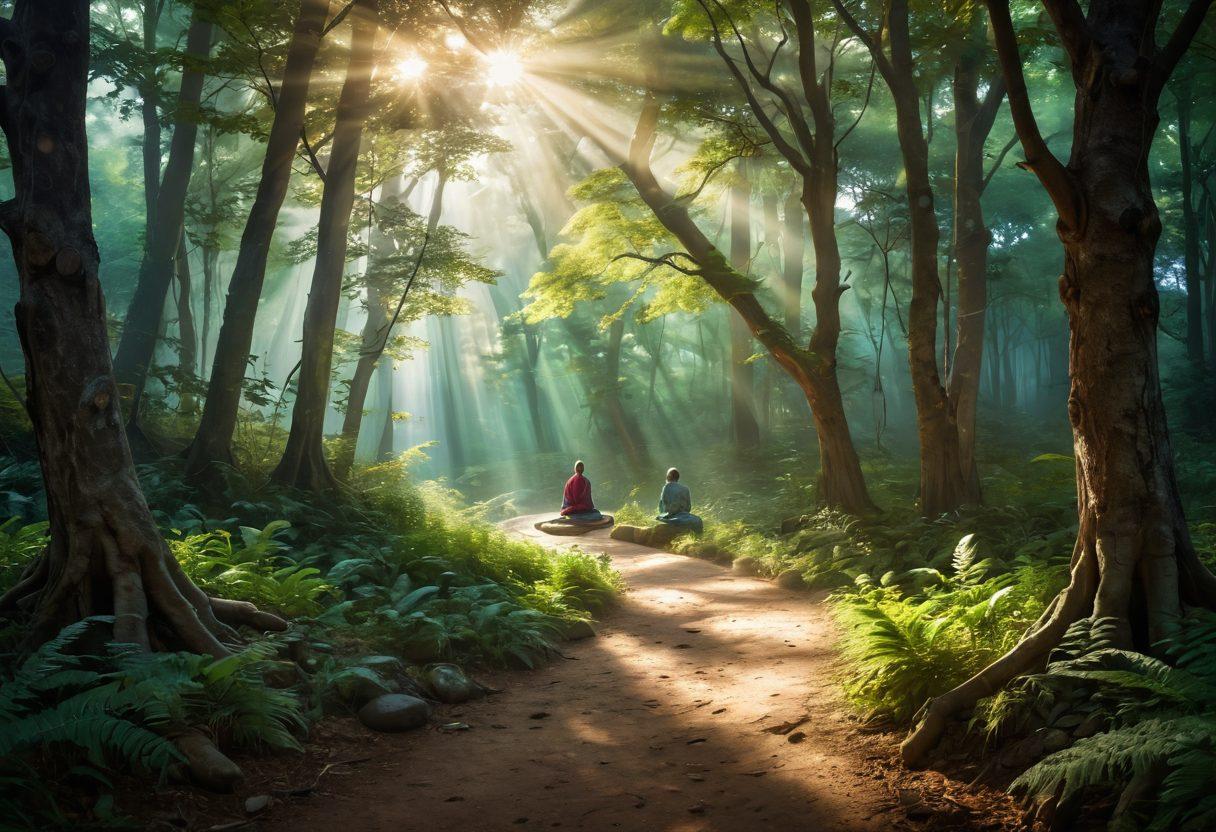 A serene landscape depicting a winding path through a lush forest, with glowing orbs of light symbolizing spiritual guidance. In the foreground, a diverse group of people are engaged in meditation, sharing stories of devotion and exploration. Soft rays of sunlight filter through the trees, creating an ethereal atmosphere. The overall color scheme is warm and comforting, inviting the viewer to reflect on their own spiritual journeys. super-realistic. vibrant colors. soft focus.