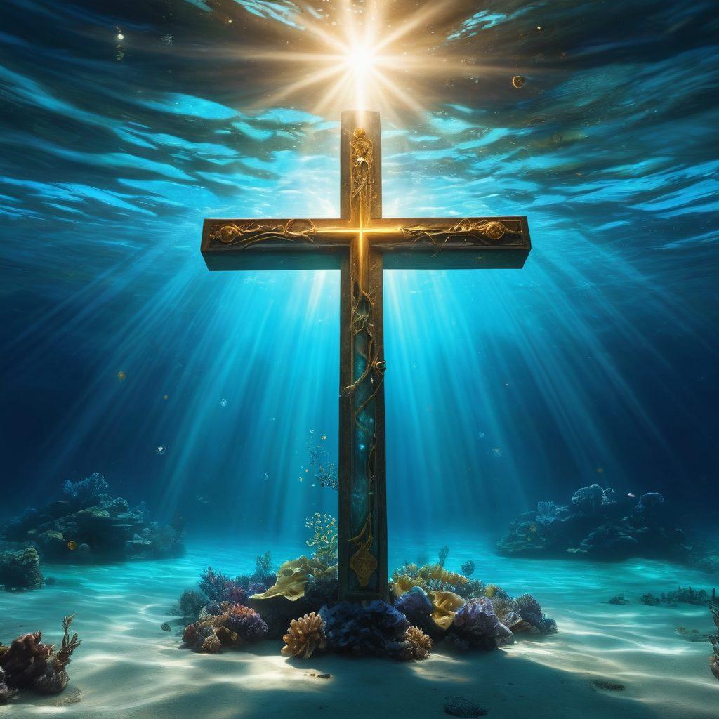 A serene underwater scene depicting a glowing cross surrounded by ethereal bubbles and rays of light, symbolizing deep faith and miracles. Include diverse individuals in prayerful poses, conveying hope and inspiration, while marine life gracefully swims around them. The background should be a mystical blend of deep blues and radiant gold, representing both the depths of the ocean and the light of faith. super-realistic. vibrant colors. ethereal.